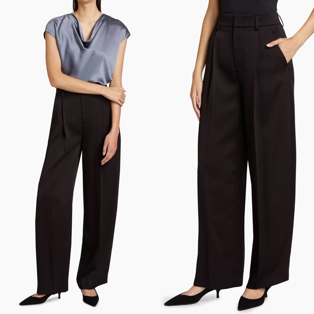 Vince Black Wide-Leg Women's Pleated Trousers Pants Black Plus Size 2x